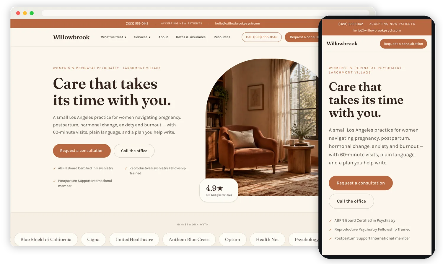 Psychiatry website design shown on a desktop monitor and a phone, warm editorial style in blush and cream