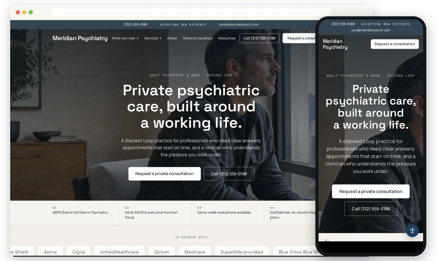 Psychiatry website design shown on a desktop monitor and a phone, structured navy and slate layout