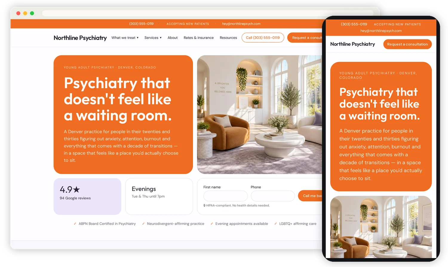 Psychiatry website design shown on a desktop monitor and a phone, modern charcoal studio style with a bright accent