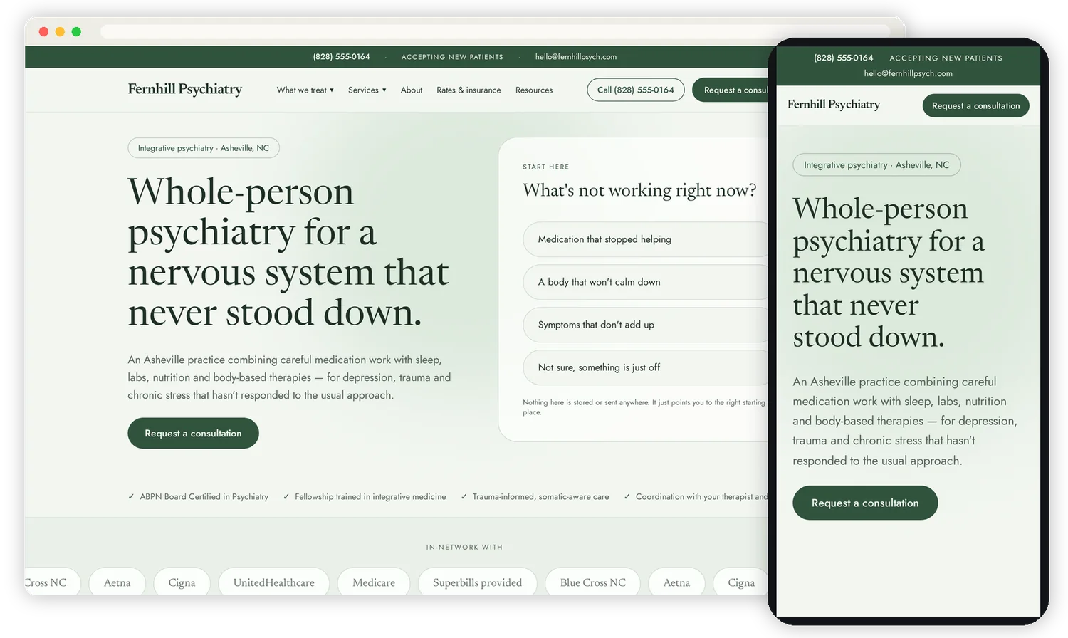 Psychiatry website design shown on a desktop monitor and a phone, serene sage green and stone palette