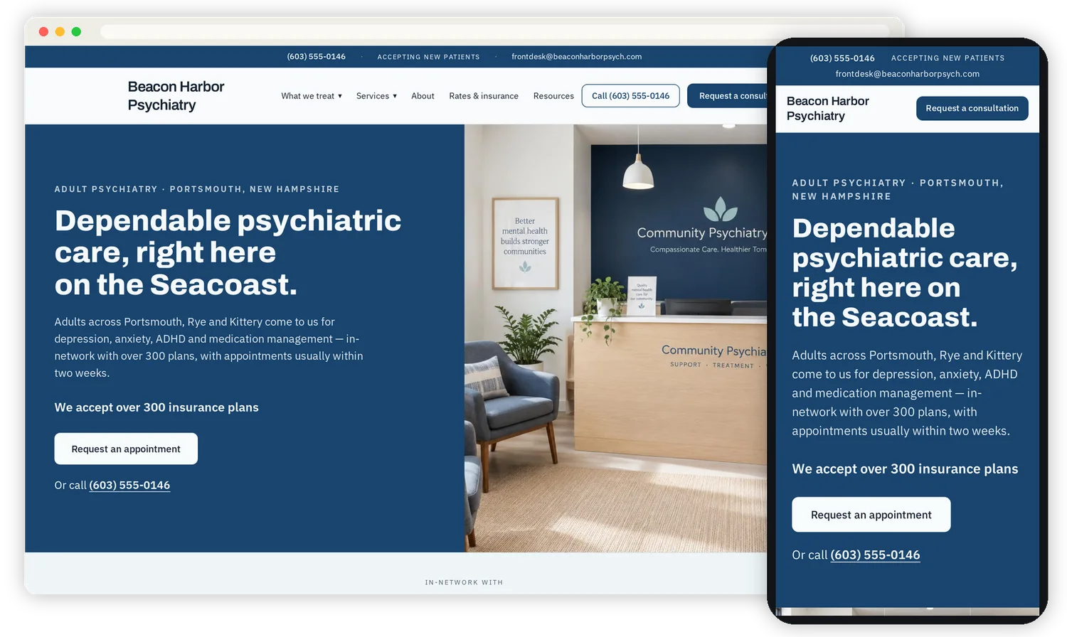 Psychiatry website design shown on a desktop monitor and a phone, coastal teal and sand community practice style