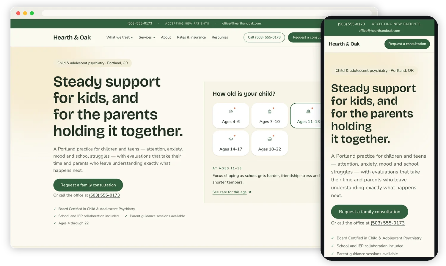 Psychiatry website design shown on a desktop monitor and a phone, warm terracotta and oak family practice style